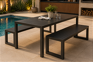 Conjunto Mesa de Jantar Deck em Alumínio 200cm com 2 Bancos de 180cm | Área Gourmet e Externa