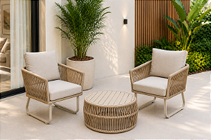Kit Área Externa 2 Poltronas em Corda Náutica + Mesa de Centro Alumínio 35/80cm