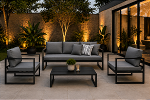 Jogo Sofá Industrial 5 Lugares Alumínio Pintado Estofado e Mesa de Centro