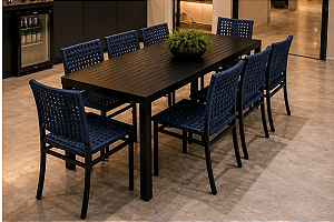 Conjunto Mesa 90x220cm Com 8 Cadeiras Em Corda Náutica Estrutura Alumínio