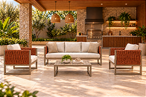 Conjunto Sofá 3 Lugares + 2 Poltronas com Tricô Náutico e Mesa de Centro