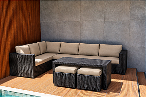 Conjunto Sofá de Canto em L 220x240cm Fibra Sintética com 2 Puffs e Mesa de Apoio
