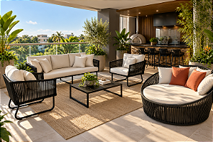 Kit Área Externa Premium com 1 Sofá 3 Lugares + 2 Poltronas + 1 Mesa de Centro + 1 Chaise Redonda 160cm em Corda Náutica