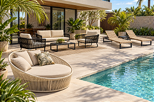 Kit Área Externa Completo com 1 Sofá 2 Lugares, 2 Poltronas, 1 Mesa de Centro, 2 Espreguiçadeiras Summer, 1 Mesa de Apoio e 1 Chaise Redonda 130cm– 8 Peças