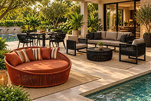 Kit Área Externa Premium 10 Peças com 1 Mesa Redonda 100 com 4 Poltronas Garden, 1 Sofá VIP 3 Lugares, 2 Poltronas VIP, 1 Mesa de Centro Champanheira e 1 Chaise Summer 170cm