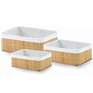 Jogo Com 3 Cestos Organizadores em Bambu Natural Forrado