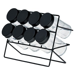 Conjunto Porta Tempero 8 Peças em Vidro Com Suporte de Metal