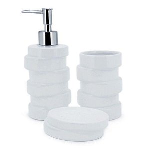 Jogo de Banheiro Ivory Branco 3 Peças Porta Sabonete Liquido Saboneteira e Porta Escovas