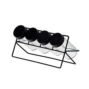 Conjunto Porta Temperos 4 Peças  em Vidro Com Suporte De Aço Preto