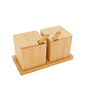 Porta Condimento Com Colher E Bandeja Duplo - Bambu