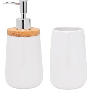 Jogo De Banheiro Em Cerâmica E Bambu White 2 Pçs