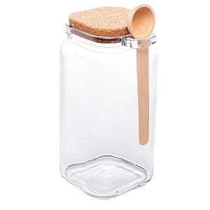 Pote De Vidro Quadrado C/ Rolha E Colher Em Bambu 1L