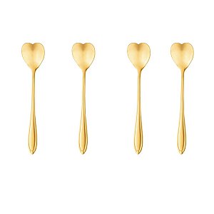 Conjunto 4 Colheres Chá e Café Aço Inox Coração Dourado