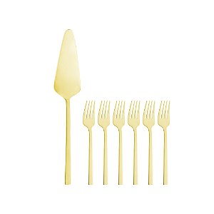 Conjunto Sobremesa 7 Peças para Bolo Dourado Aço Inox