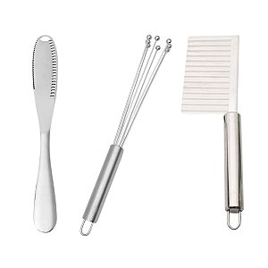 Kit 3 Utensílios Faca Manteiga Cortador Ondas e Batedor Ovos