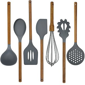 Kit 7 Utensílios Cozinha Silicone Cinza Cabo Madeira Acácia