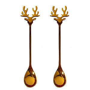 Kit com 2 Colheres Natalina de Rena 14X2,5cm Dourada