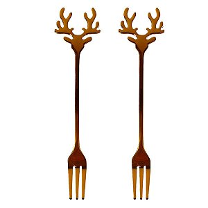 Kit com 2 Garfos Natalino de Rena 14X1,8cm Dourada