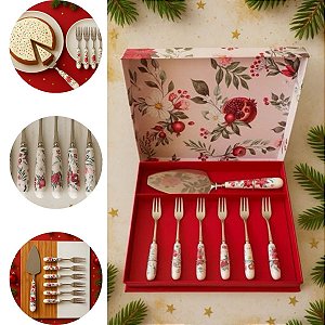 Jg 6 Garfos c Espátula p Bolo Cabo Porcelana Estampado 7 Pçs