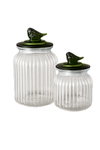 Jg 2 Potes de Vidro Canelado Tampa Pássaro Verde 1L e 600ml