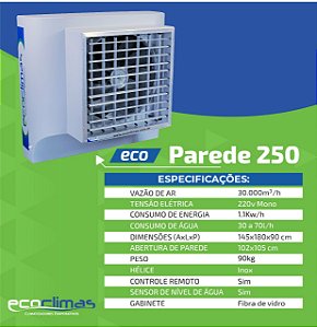 Climatizador Ecoclimas Mod. Eco 250 / 30.000 m³ de Troca de Ar, Abrangência 180 a 250 m², com correias silenciosa.