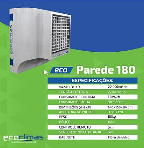 Climatizador Ecoclimas Mod. Eco 180 / 22.000 m³ de vazão, Abrangência 130 a 180 m²