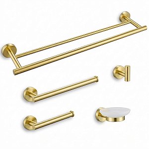 Kit De Acessórios Para Banheiro 5 Pçs Inox Venice Dourado Escovado