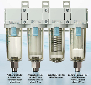 HF2-BAC40D-F04  FILTRO DE AR COMBINADO MONTAGEM 4 COPOS MODULAR 5 + 0,1 + CARVAO ATIVADO +  0,01 MICRON REMOVEDOR ODOR E BACTÉRIA ROSCA 1/2 - SÉRIE HF2-BAC         NCM :  84213990