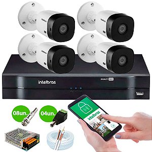Kit 4 Câmeras VHD 1015 B + DVR Intelbras + App Grátis de Monitoramento, Câmeras HD 720p 10m Infravermelho de Visão Noturna Intelbras + Fonte, Cabos e Acessórios
