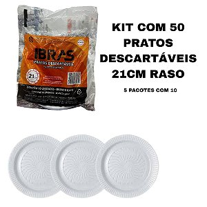 KIT 50 PRATOS RASOS DESCARTAVEIS 21CM IBRAS - 5 PACOTES