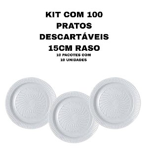 KIT COM 100 PRATOS DESCARTAVEIS RASOS 15CM IBRAS - 10 PACOTES