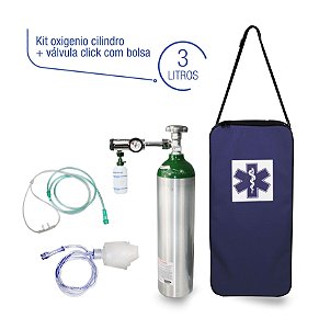 Kit Oxigênio Portátil 3 Litros Com Válvula Click (0-15) - Bolsa Azul-(imagem ilustrativa cilindro pode ser na cor verde)
