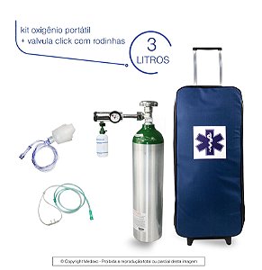 kit oxigênio portátil 3 litros com válvula click (0-15) - bolsa azul com rodinhas-(cilindro pode ser na cor verde )