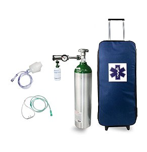 kit oxigênio portátil 3 litros com válvula click (0-15) - bolsa azul com rodinhas-(cilindro pode ser na cor verde )