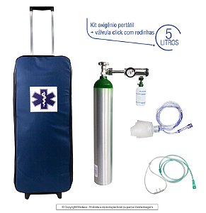 Kit Oxigênio Portátil 5 Litros Com Válvula Click (0-15) - Bolsa Azul Com Rodinhas -(sem carga)