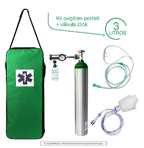 Kit Oxigênio Portátil 3 Litros Com Valvula Click (0-15) - Bolsa Verde(imagem ilustrativa cilindro pode ser total na cor verde)