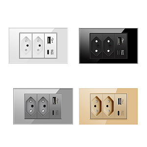 Tomada Dupla com USB e Tipo C Acabamento Premium Vidro 4x2
