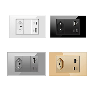 Tomada com Portas de Carregamento USB e Tipo C Acabamento Premium Vidro Temperado 4x2