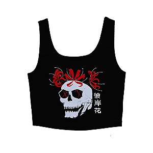 Camiseta top cropped feminino branco e preto crânio flor Hinganbana