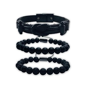 Combo pulseira em couro + Pedras naturais blacks