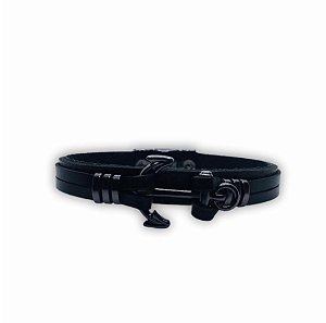 Pulseira em couro preto  - det. ancora