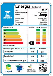 5539 - ETIQUETA INMETRO DE EFICIENCIA ENERGETICA WRANGLER SPORT 2018