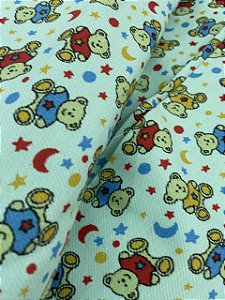 Tecido Flanela São Joanense Infantil Estampada de Ursinhos Sobre Fundo Verde 100% Algodão