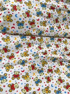 Tecido Flanela São Joanense Infantil Estampada de Ursinhos Sobre Fundo Branco 100% Algodão