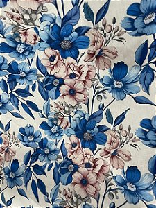 Tecido Tricoline Cor Pérola com Estampa Floral em Azul e Castanho Claro 100% Algodão