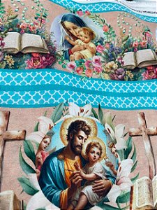 Tecido Tricoline Digital com 10 Faixas de Estampas de Coração de Jesus e Maria 100% Algodão