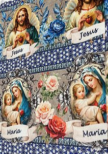 Tecido Tricoline Digital com 10 Faixas de Nossa Senhora da Conceição, das Graças e de Fátima 100% Algodão