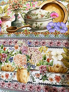 Tecido Tricoline Digital com 10 Faixas de Estampa de Porcelanas e Flores 100% Algodão