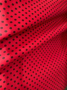 Tecido Tricoline Vermelha Estampa de Bolinhas Pretas com Diâmetro de 5 mm 100% Algodão
