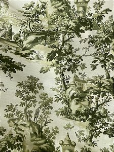 Tecido Tricoline Estampa Digital Toile de Jour em Verde Oliva 100% Algodão